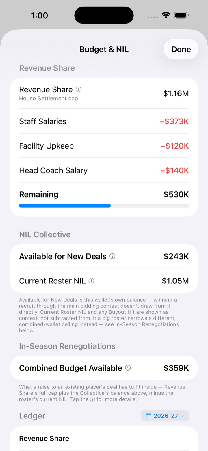 Dual NIL collective and revenue-share budget screen