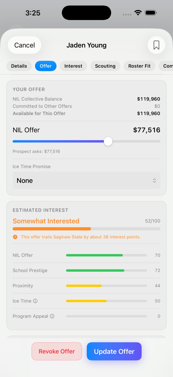 Recruit offer screen showing NIL bid and a multi-factor interest breakdown