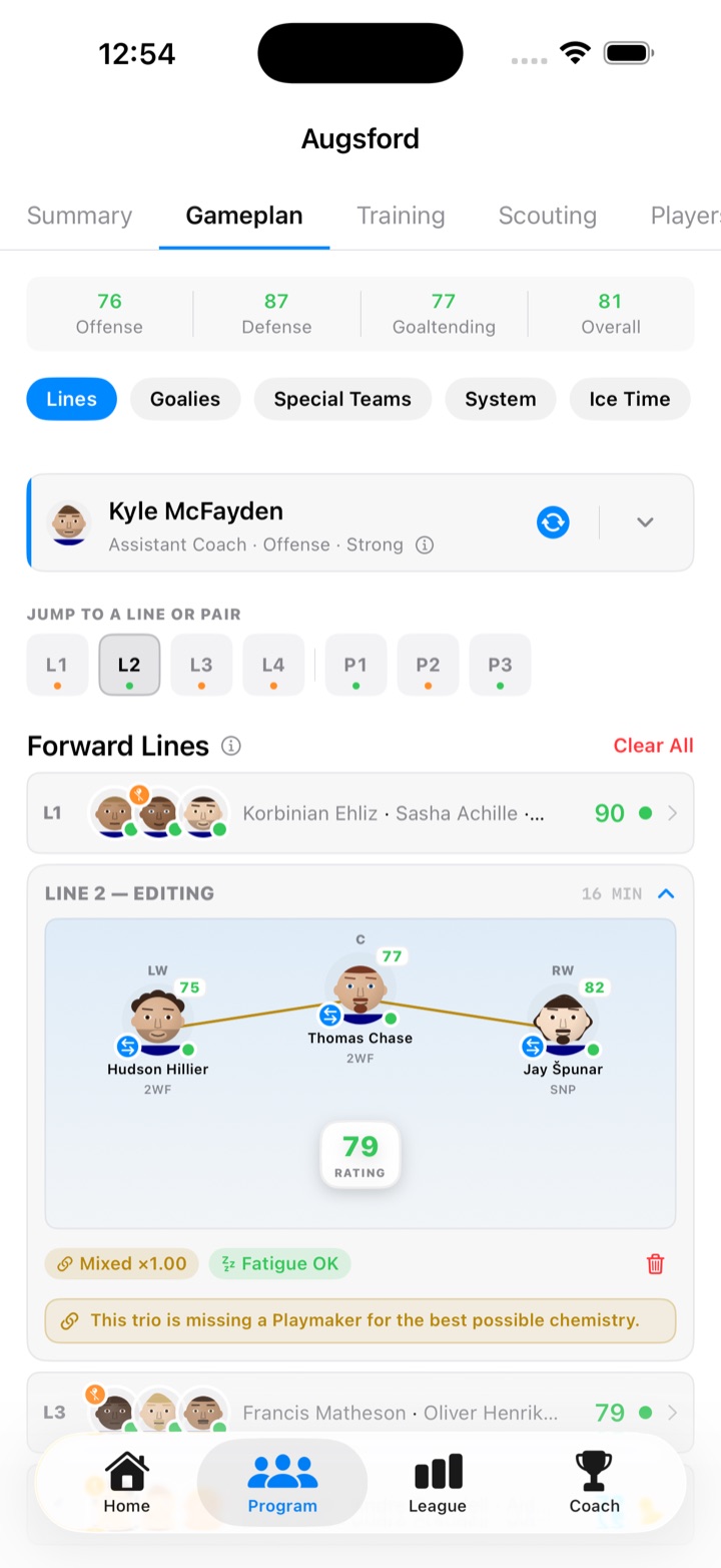 Forward line editor showing a line's chemistry rating and roster fit