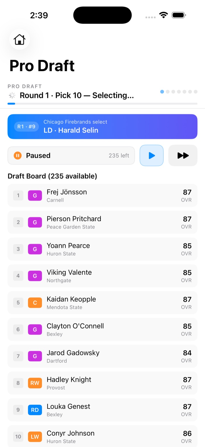Live pro draft board showing a team's pick and remaining prospects