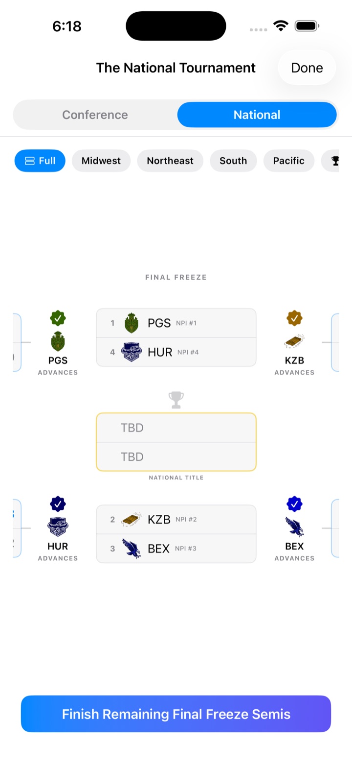 National tournament bracket showing the Final Freeze semifinals