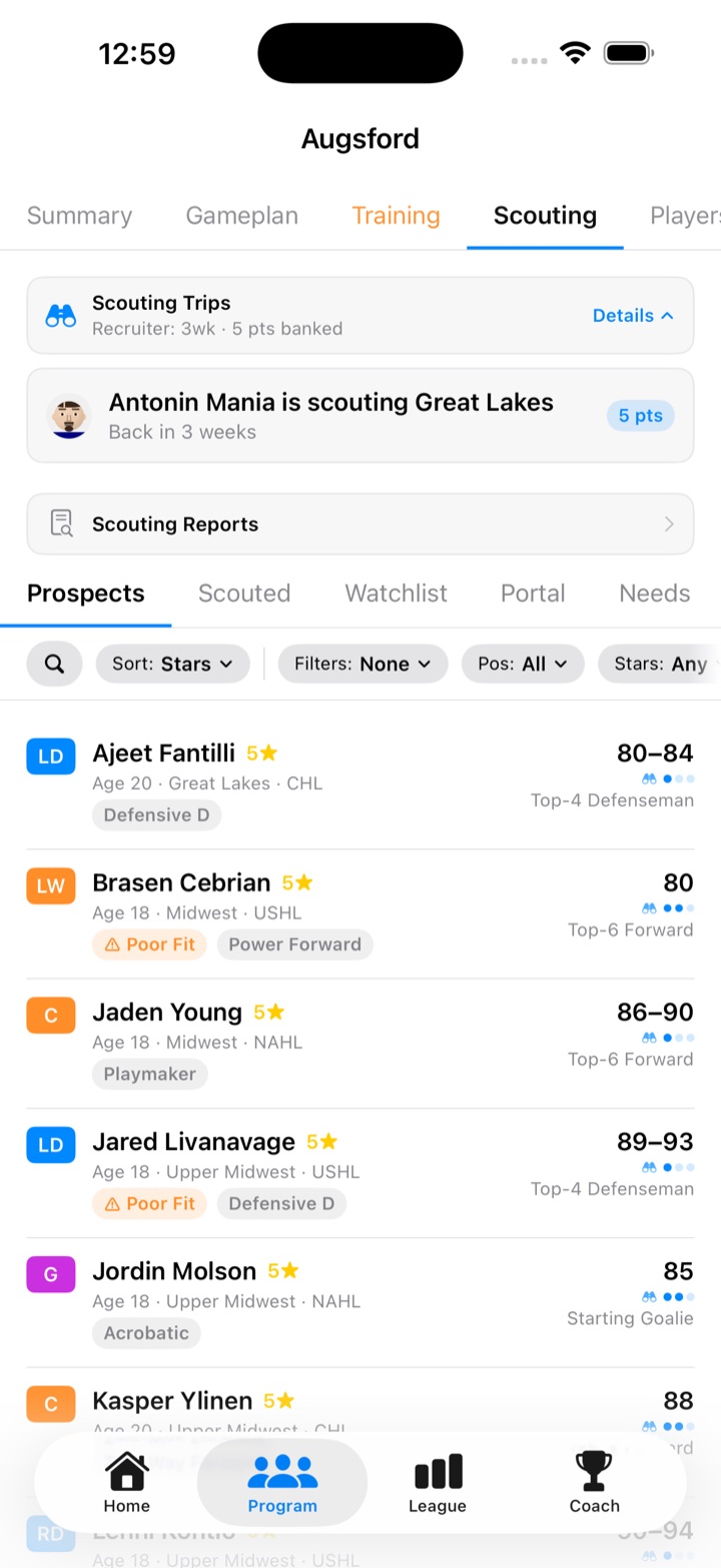 Scouting tab showing prospect OVR ranges, traits, and trip status