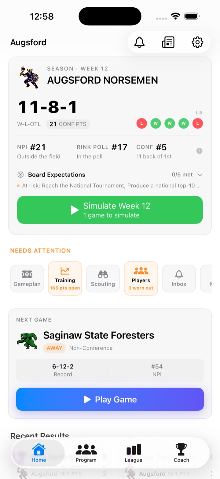 College Hockey Dynasty home dashboard on iPhone